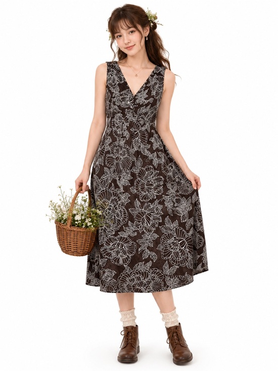 Vintage Dresses & Skirts - Vintage 100% Linen Chocolate Brown Floral Midi Dress Coastal Comfort Minimalist